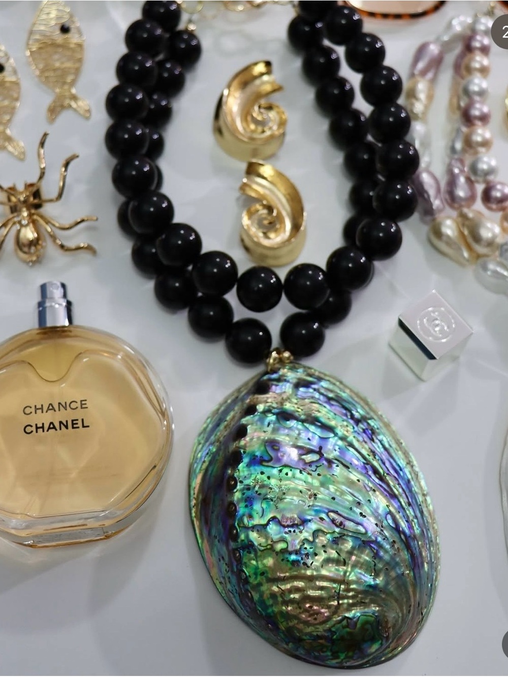 Handmade Black Bead Necklace with Iridescent Abalone Pendant